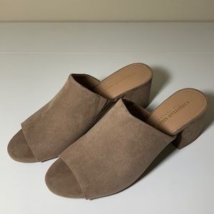 Christian Siriano dusk tan fabric heels